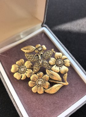 中古vintage素金做旧花卉胸针花园素金胸针