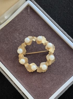 中古vintage复古素金仿珠花朵胸针孤品