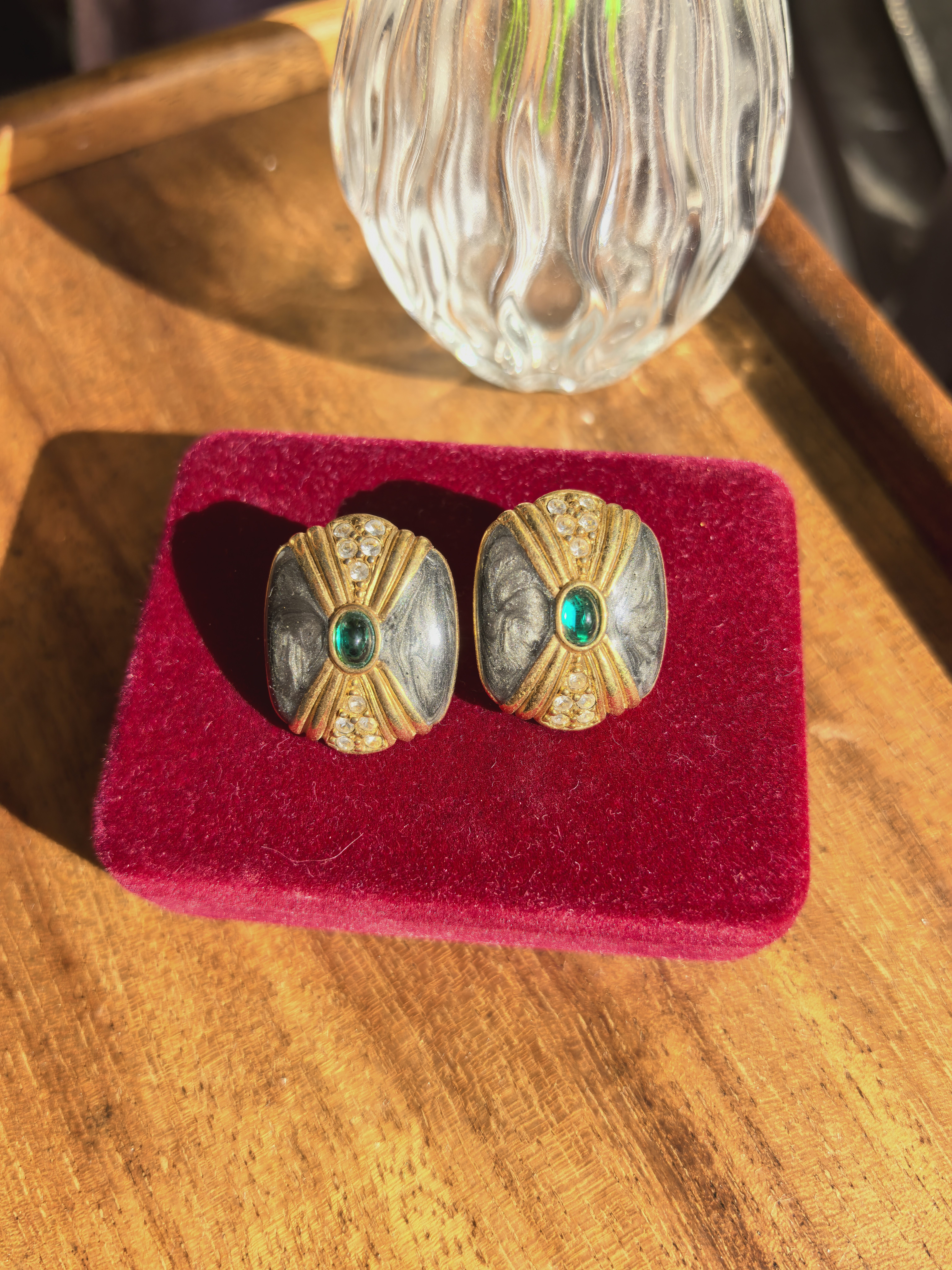 KLJ for Avon 珐琅莱茵石耳钉 华丽或酷辣 耳钉中古Vintage