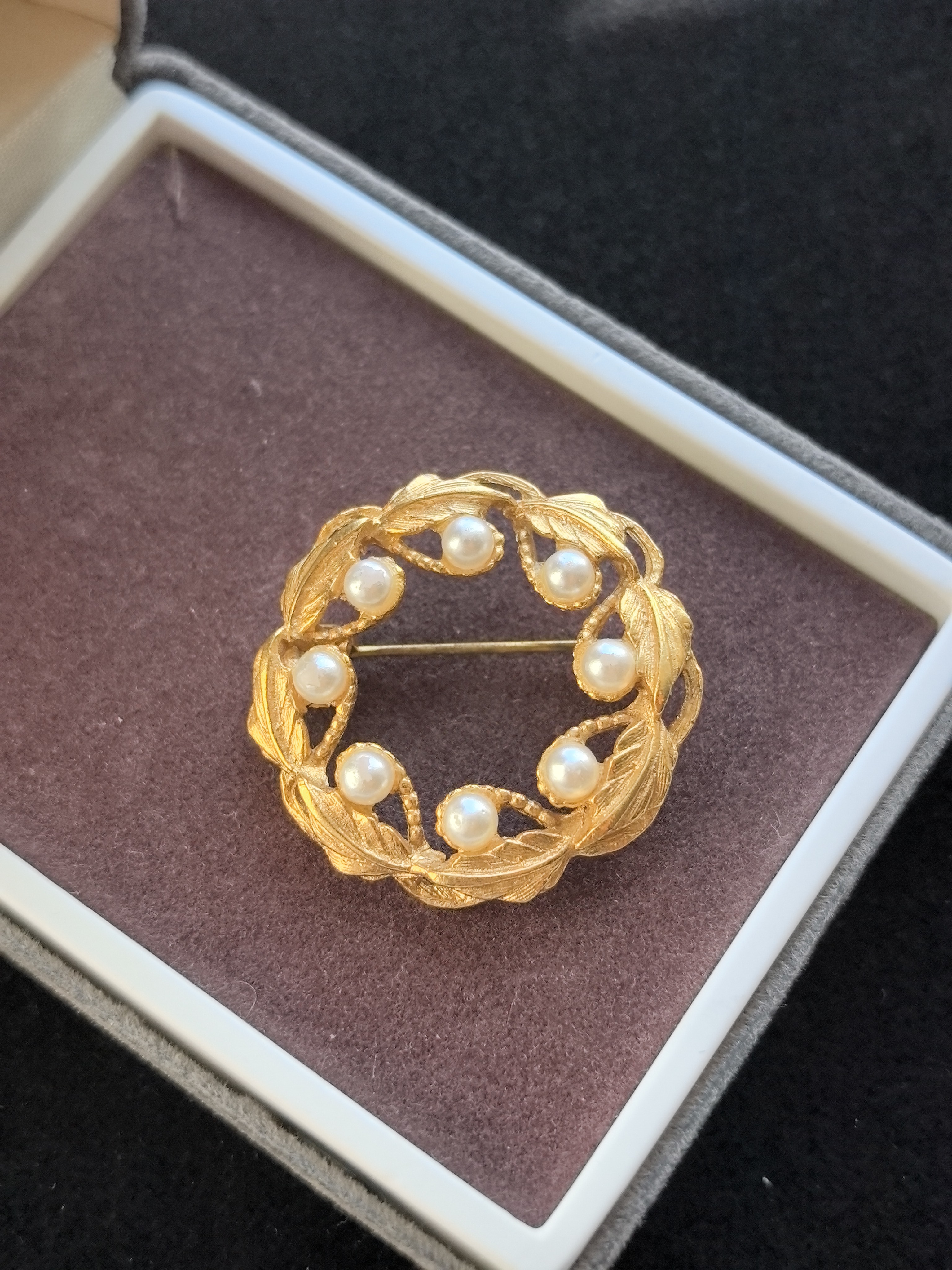 中古Vintage素金仿珠叶子胸针圆形胸针复古宫廷风胸针