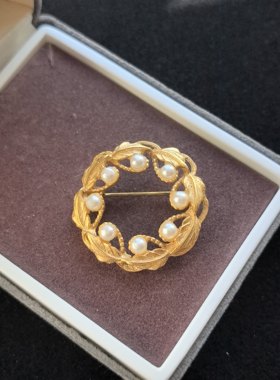 中古Vintage素金仿珠叶子胸针圆形胸针复古宫廷风胸针