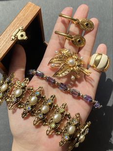 中古海外回流Lisner镂空树叶胸针Lic珐琅扫肩奶油珐琅戒指手链