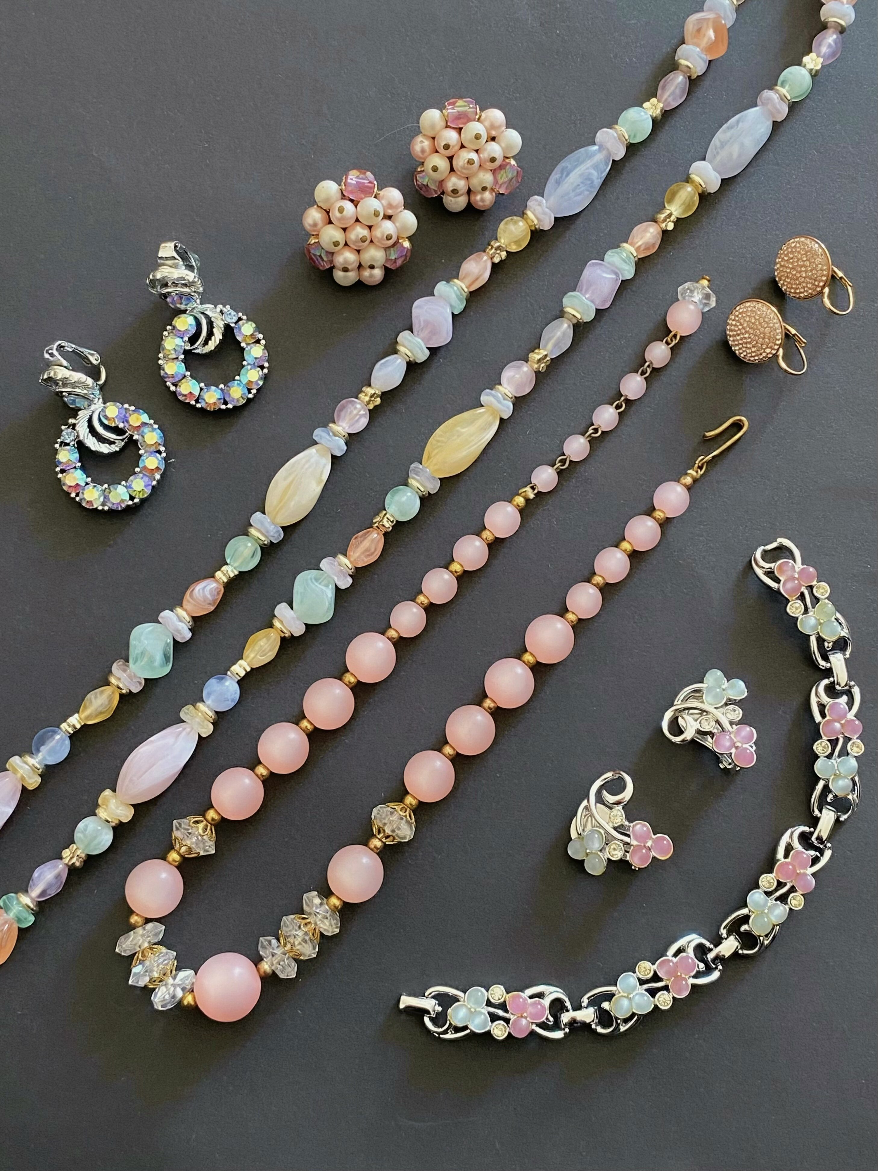 中古Vintage串珠彩色果冻项链手链耳夹极光莱茵石Lisner耳夹项链