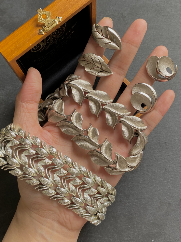 中古Vintage孤品素银中古trifari百搭复古项链耳夹胸针手链coroJJ