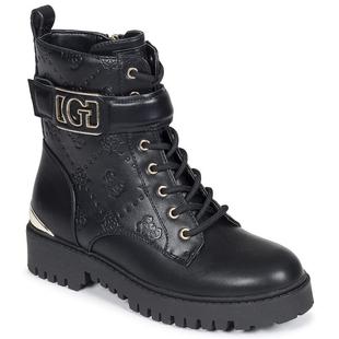 代购 GUESS女士马丁靴舒适轻便防滑耐磨黑色圆头系带金属扣饰