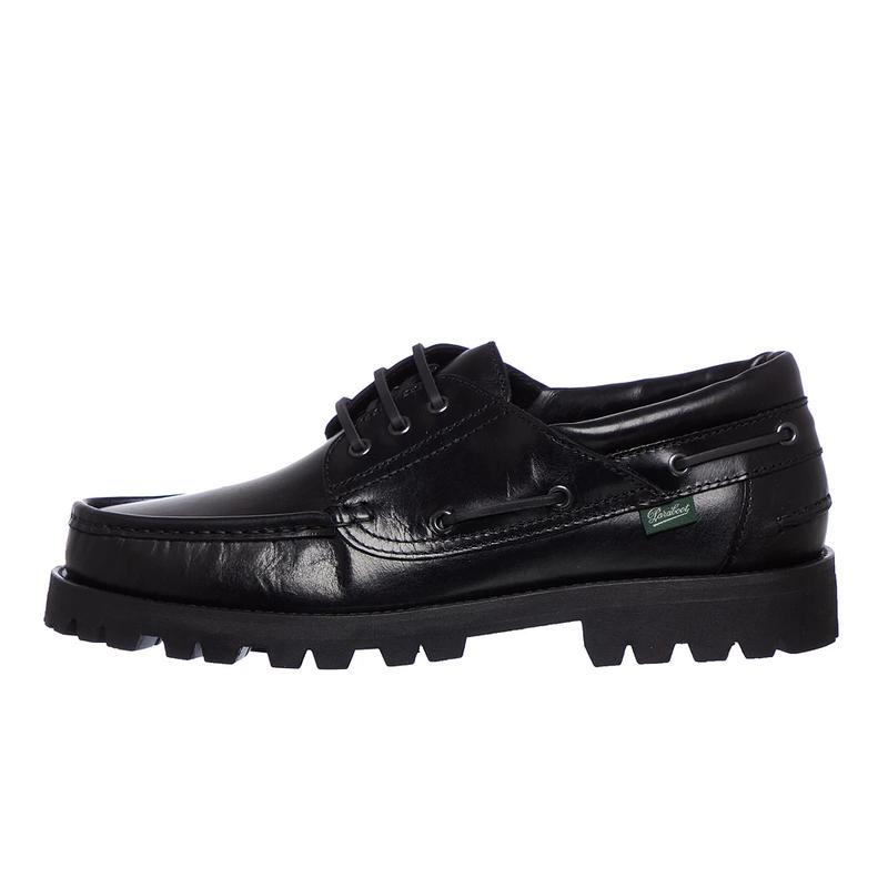 代购PARABOOT男士船鞋透气吸汗防滑耐磨黑色三孔系带金属眼let