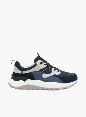 代购rieker男士跑步鞋缓震舒适轻便防滑蓝色系带设计厚底拼接材