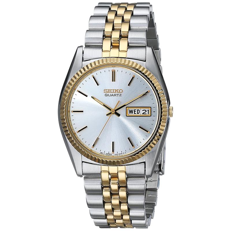 Seiko/精工精钢双色防水男士石英腕表复古银面白盘商务休闲手表