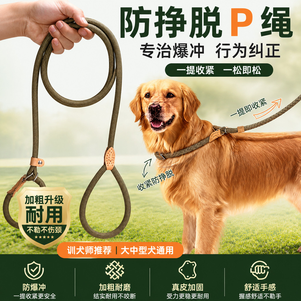 狗绳中华田园犬狗牵引绳大型犬加粗款p绳防爆冲中型犬防咬断P链子