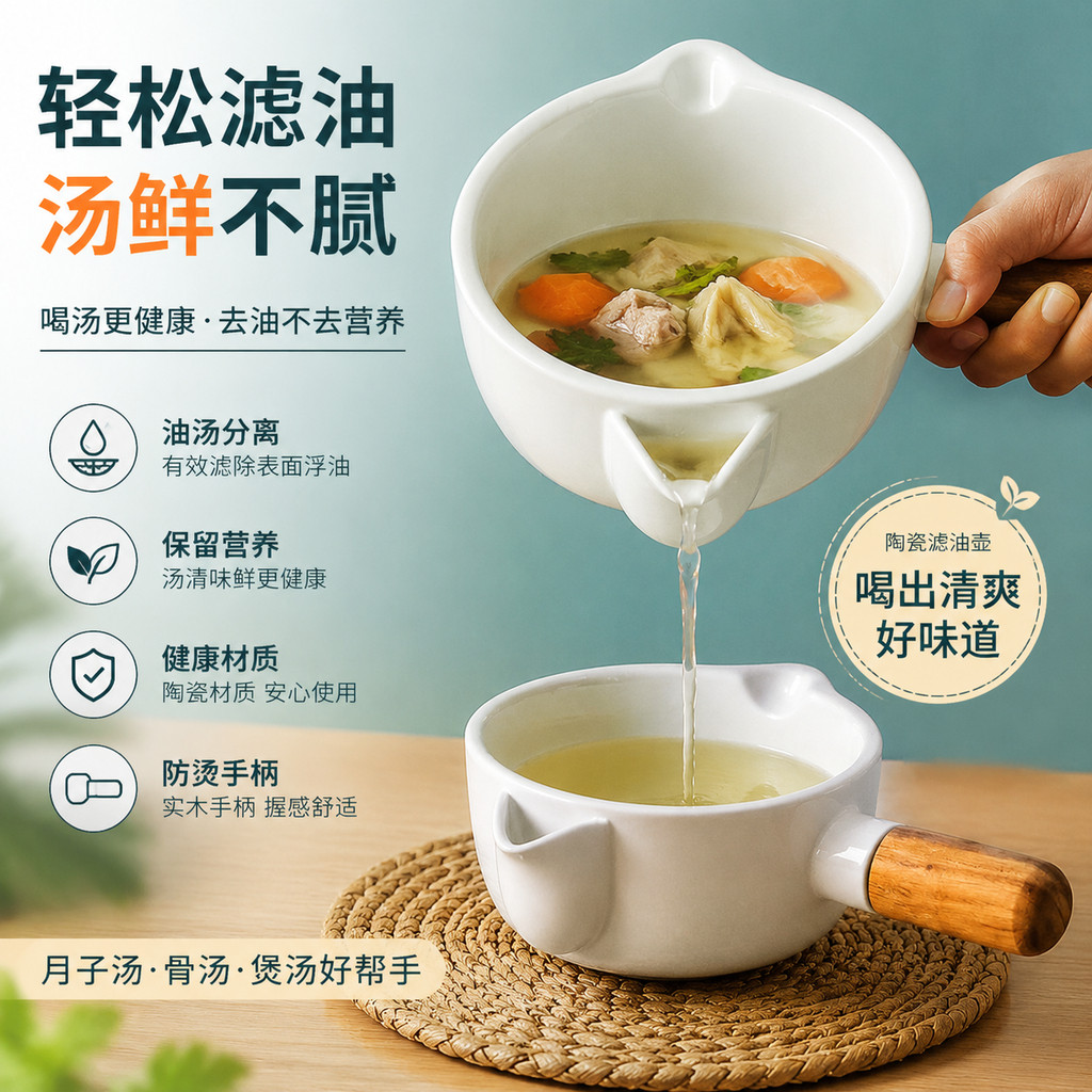 过滤汤油神器油汤分离器撇油去汤油月子骨汤家用厨房陶瓷滤油壶