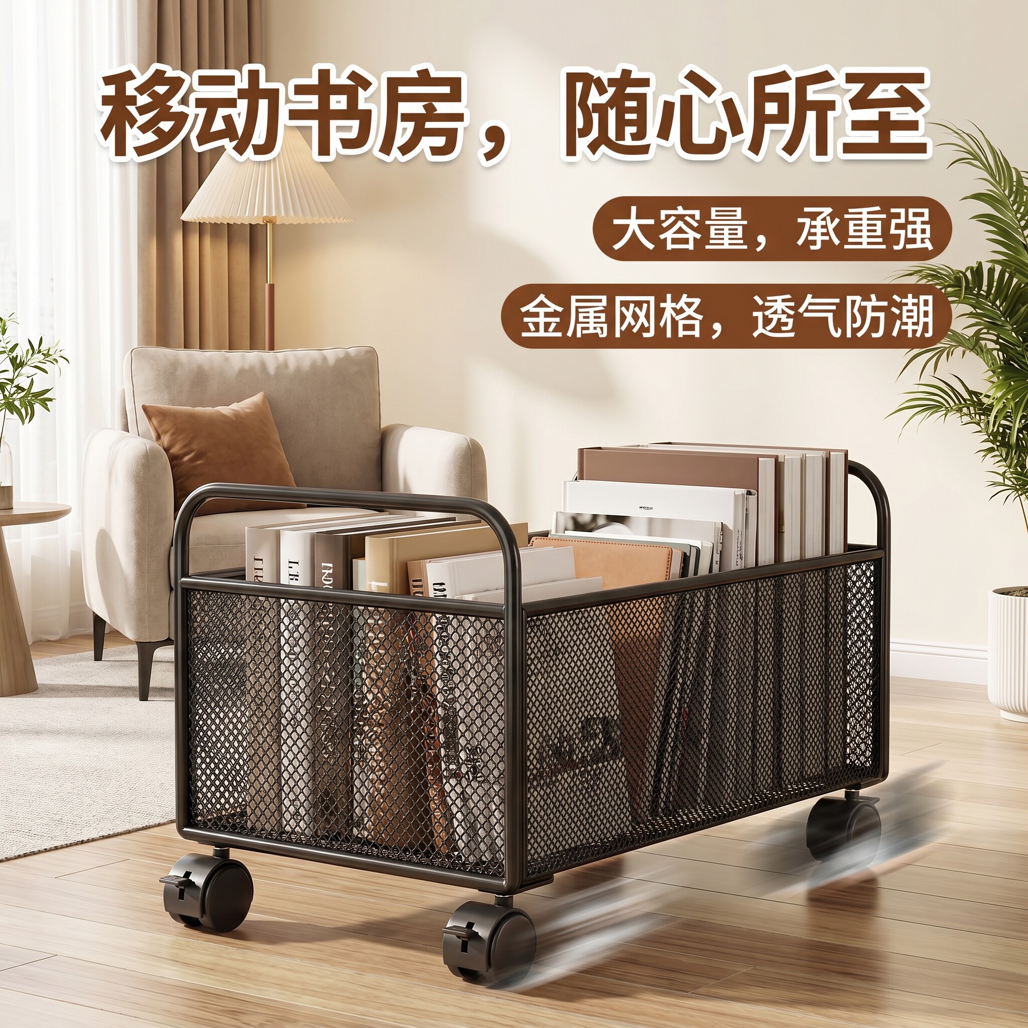 书籍收纳箱无盖带滑轮可移动家用工具学生书本办公室桌下置物架图片