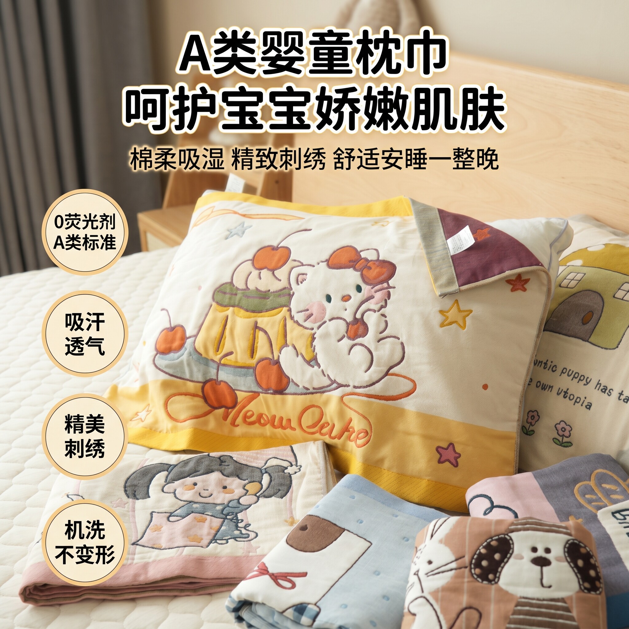 防睡觉流口水枕巾宝宝纯棉纱布四季通用儿童a类吸汗柔软透气枕垫