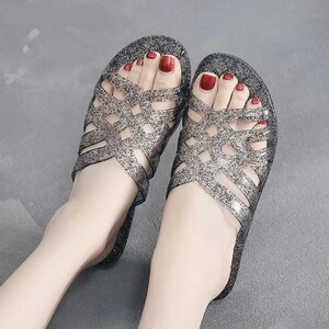 新款中跟果冻水晶拖鞋女塑料透明坡跟洗澡防滑凉拖鞋浴室内一字拖