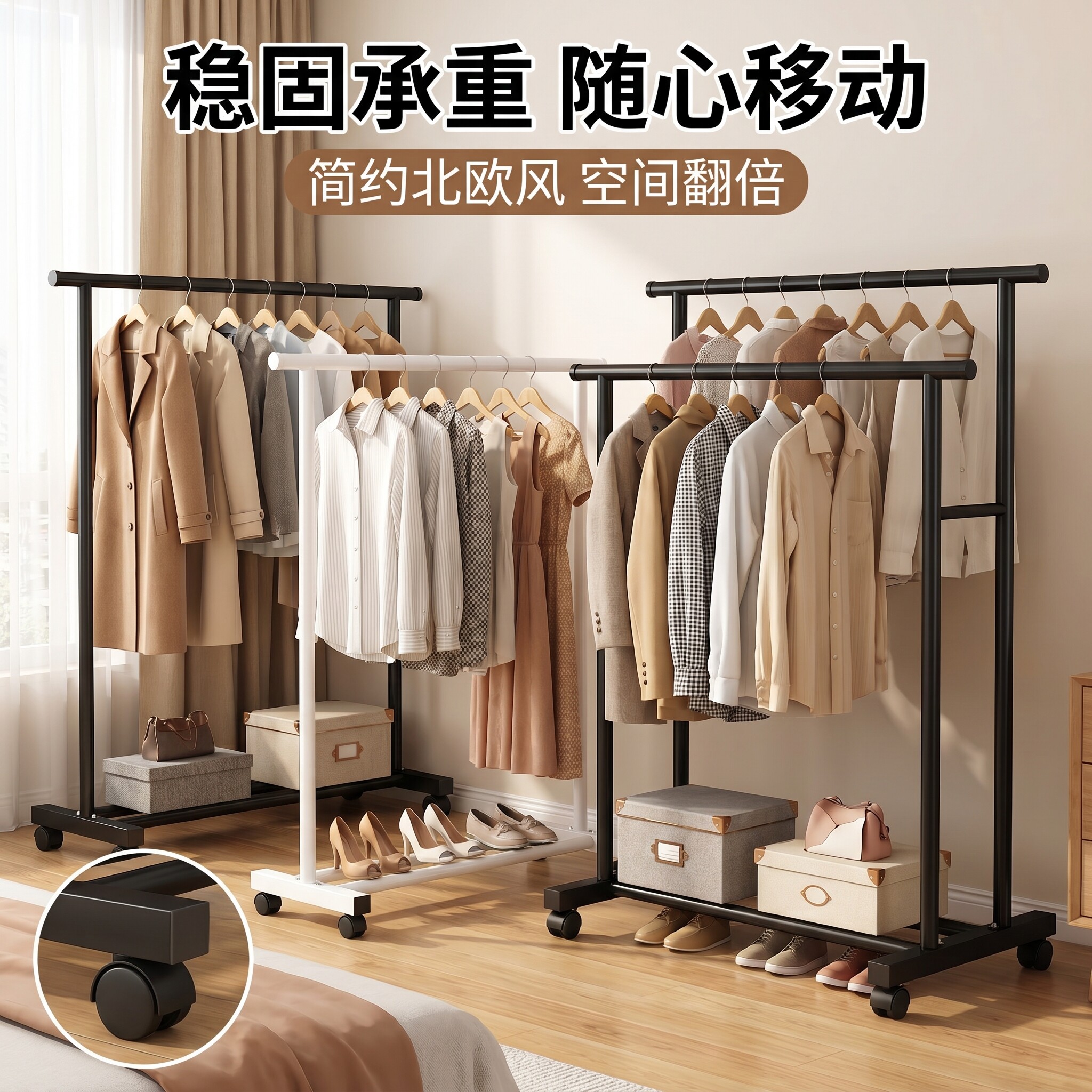 落地衣架超强承重家用挂衣卧室简易宿舍用学生折叠室内阳台架子图片