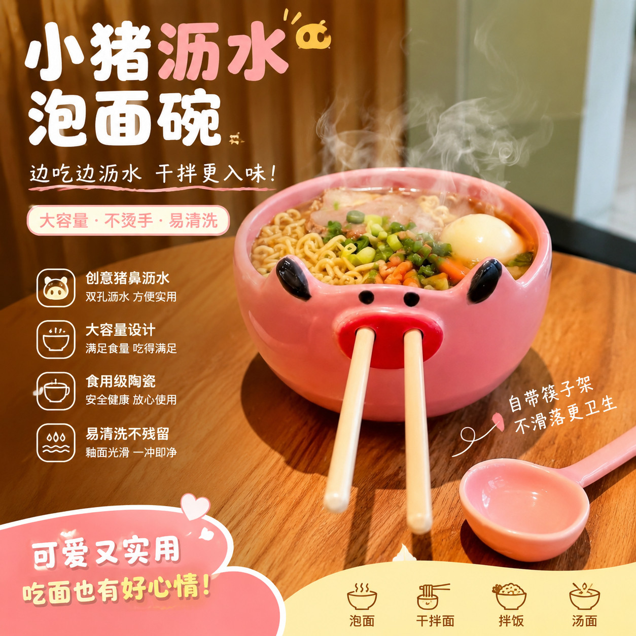 可沥水泡面碗陶瓷干拌大容量食用级搞怪小猪饭碗学生宿舍泡面碗