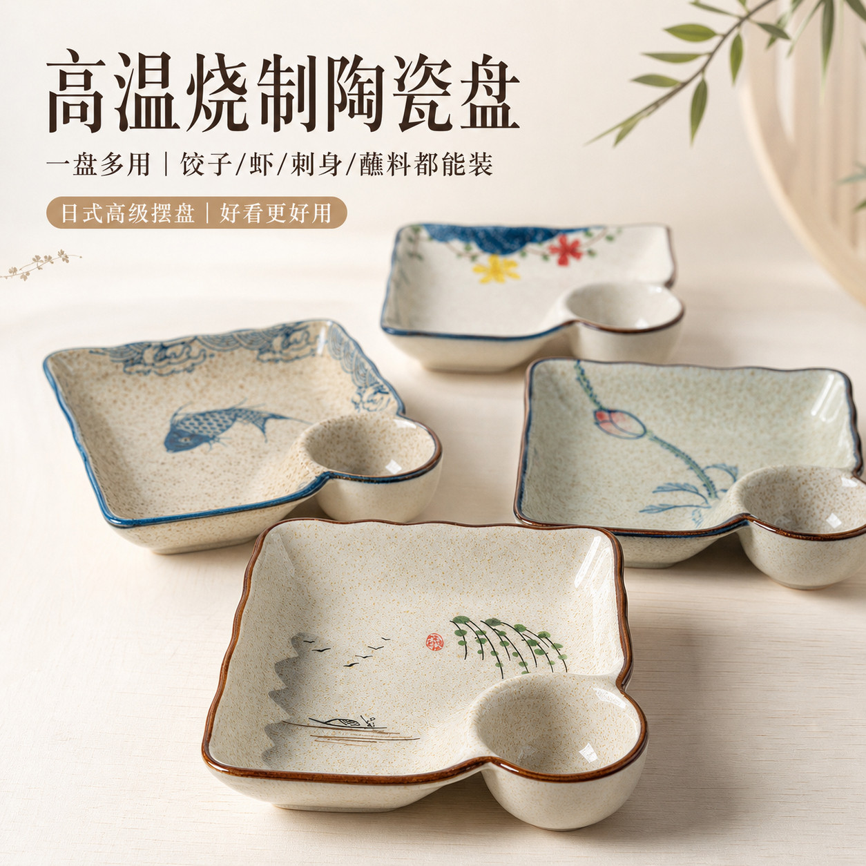 带蘸料碗的盘子耐高温陶瓷盘水饺盘虾盘带醋碟高级方形日式摆盘