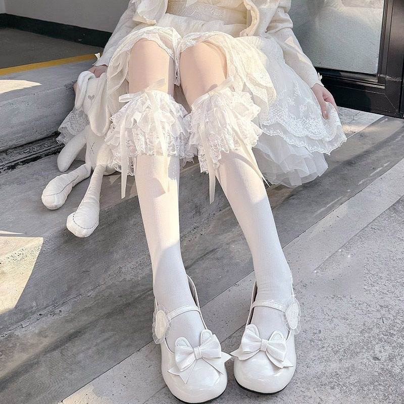 女士蕾丝高筒袜日系洛丽塔白色过膝高筒袜多
