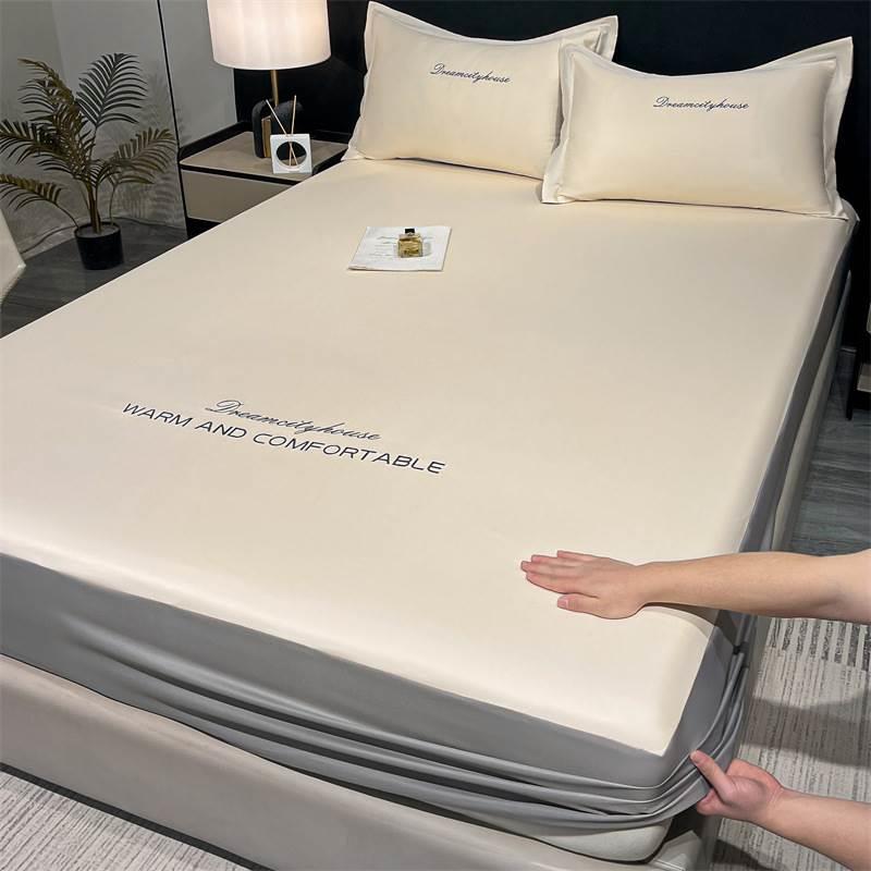 夏季家用床罩床笠2024新款纯色冰丝简约风刺绣凉感丝滑床垫保护罩
