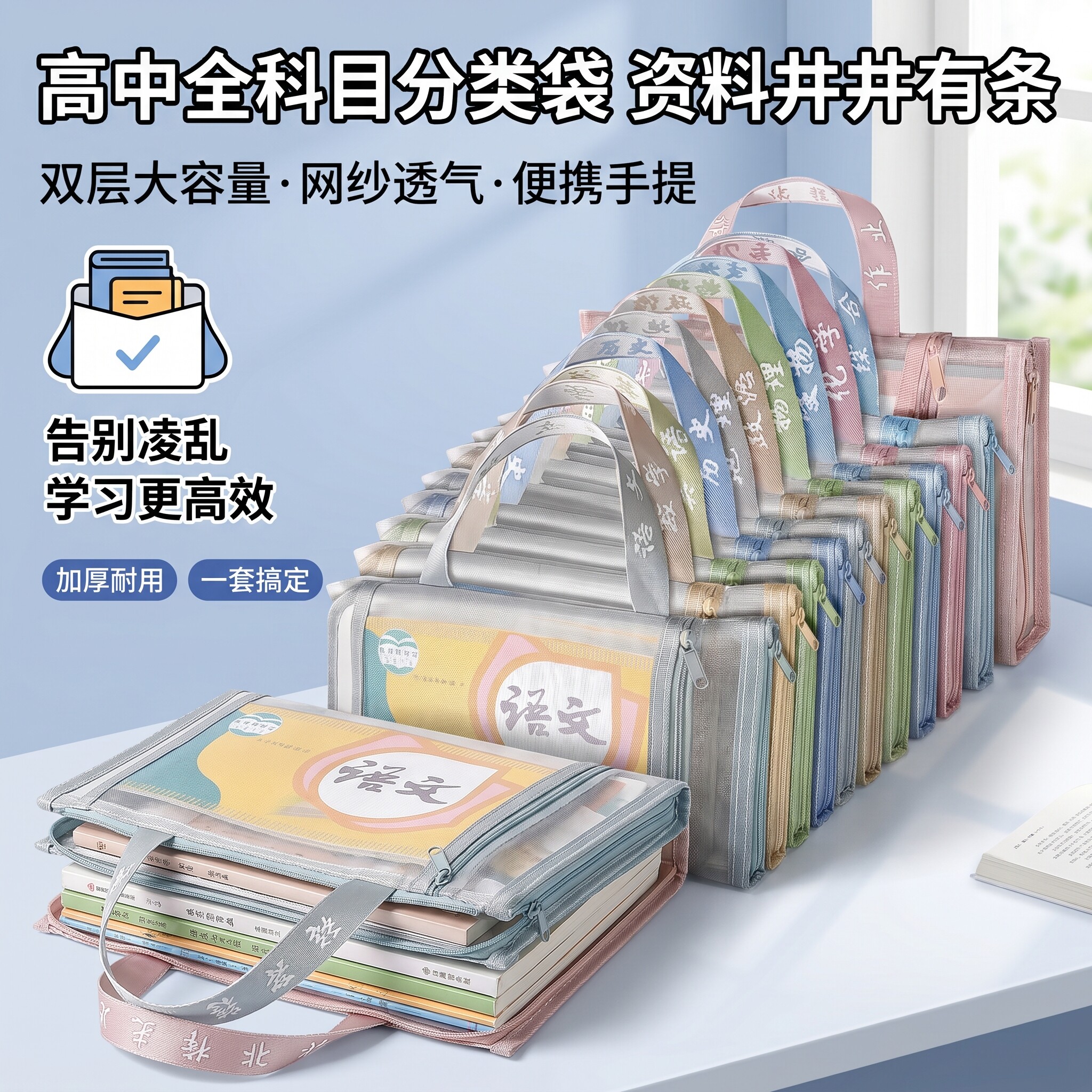 文件袋拉链式高中生专用手提包透明大容量试卷收纳科目分类袋双层