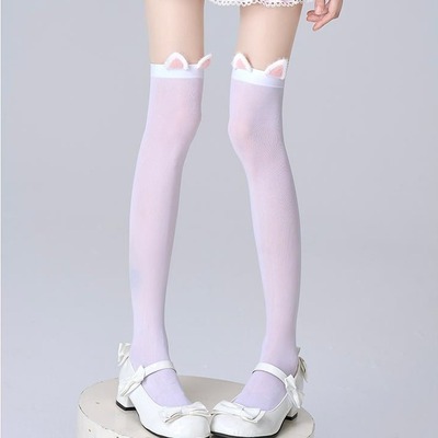 小萝莉袜子女儿服过膝袜防下滑蕾丝长筒袜可爱兔耳甜美蝴蝶结白丝