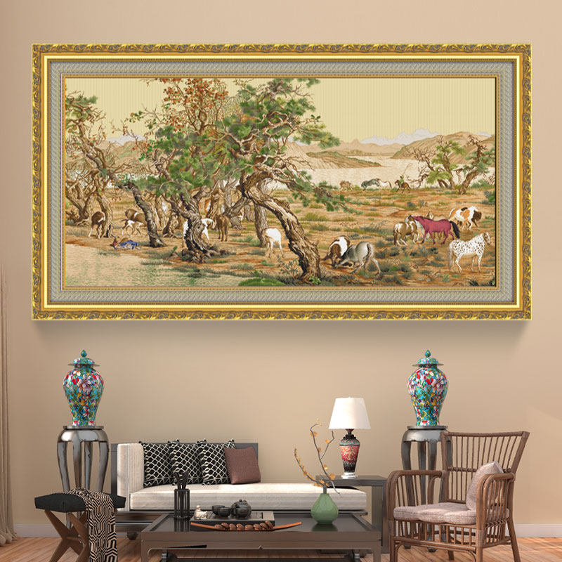 KS经典十大名画镇店之宝百骏图郎世宁2米5精华版新款绣十字绣马