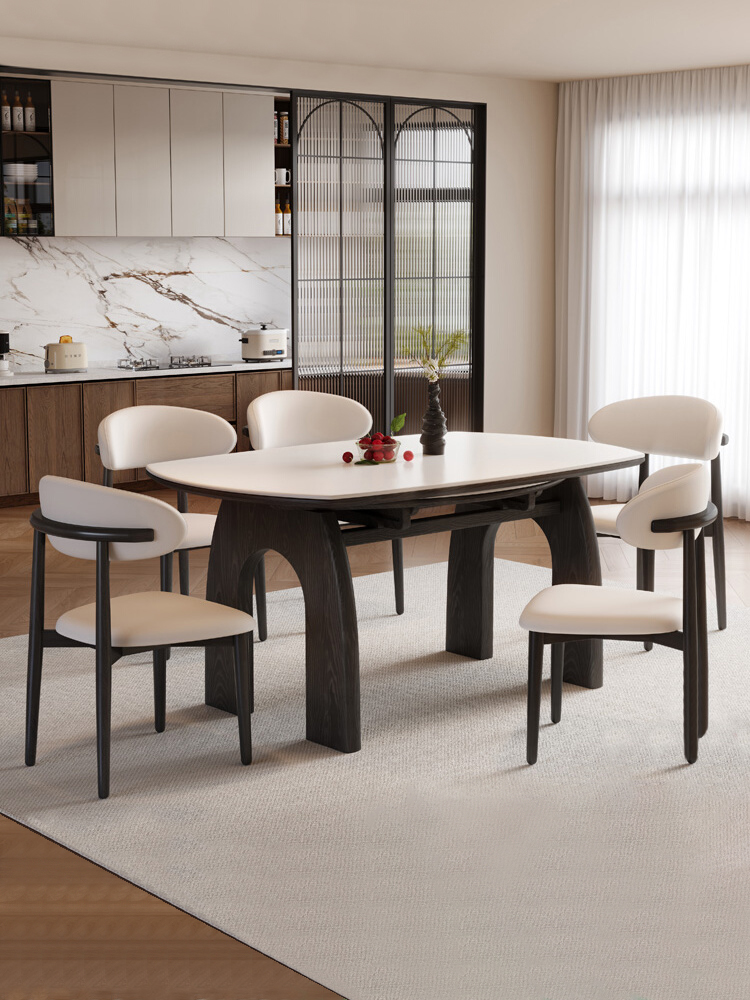 法式实木岩板餐桌方圆两用折叠可变圆桌可伸缩现代简约家用小户型