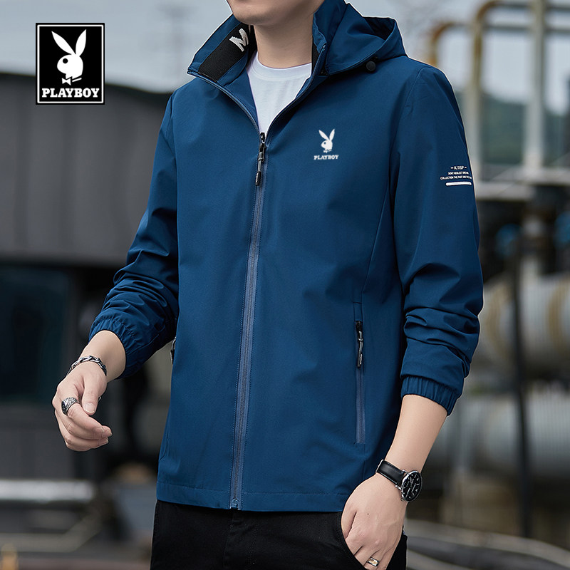 花花公子休闲连帽夹克男春秋冬季中青年防风外套宽松百搭加绒上衣