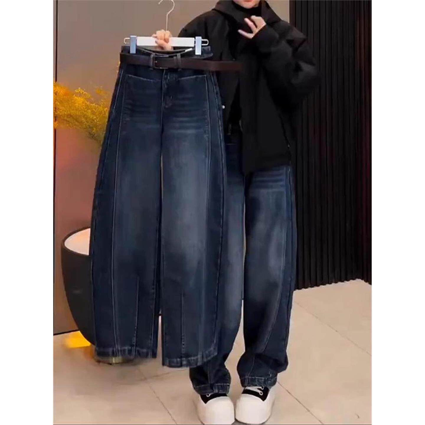 复古阔腿牛仔裤女2025秋季新款大码梨形身材胖mm宽松遮跨弯刀裤子