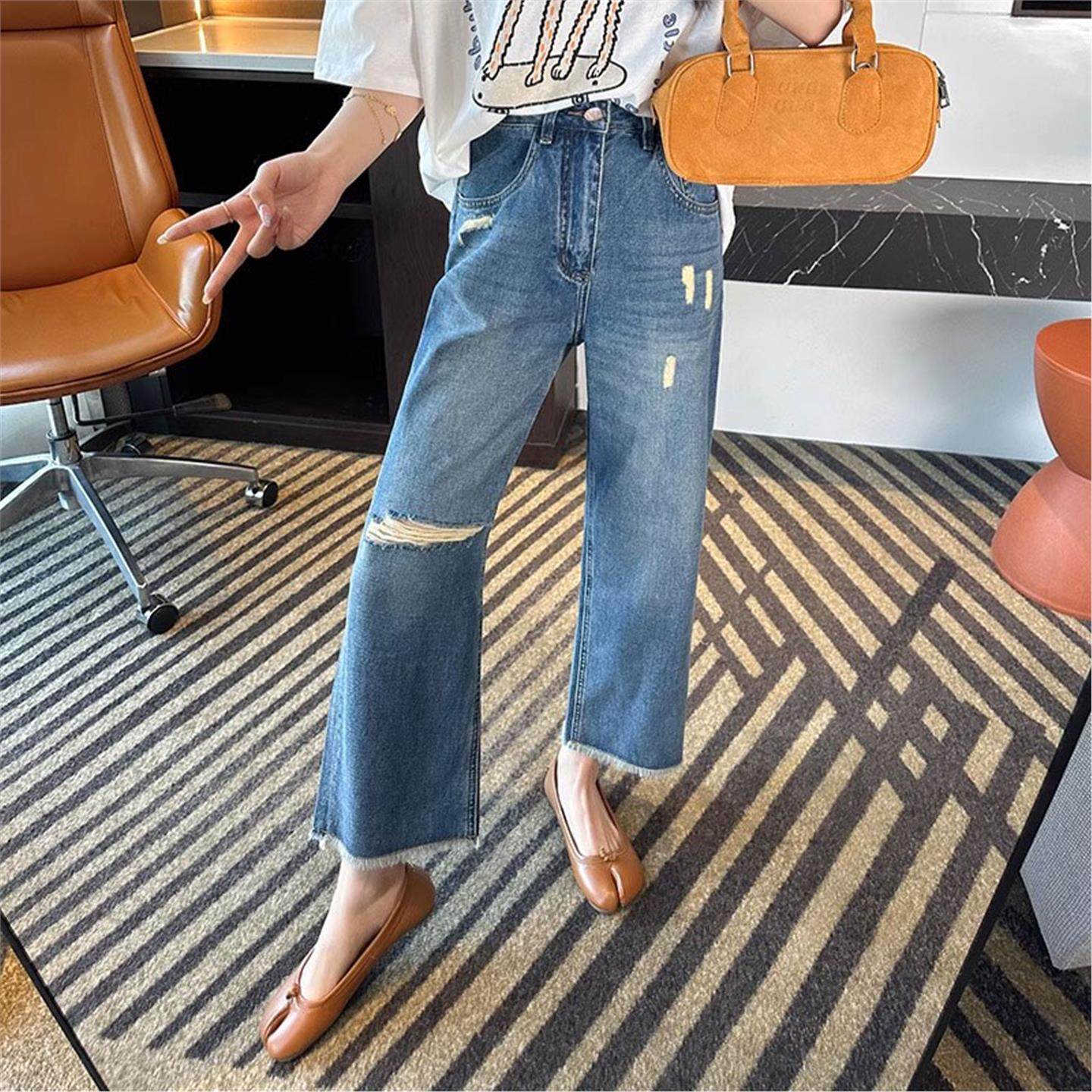 大码破洞毛边直筒牛仔裤女秋季胖mm薄款宽松显瘦小个子九分阔腿裤