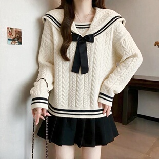 海军领毛衣秋冬加厚初中生宽松13岁女大童14少女孩针织衫学院上衣