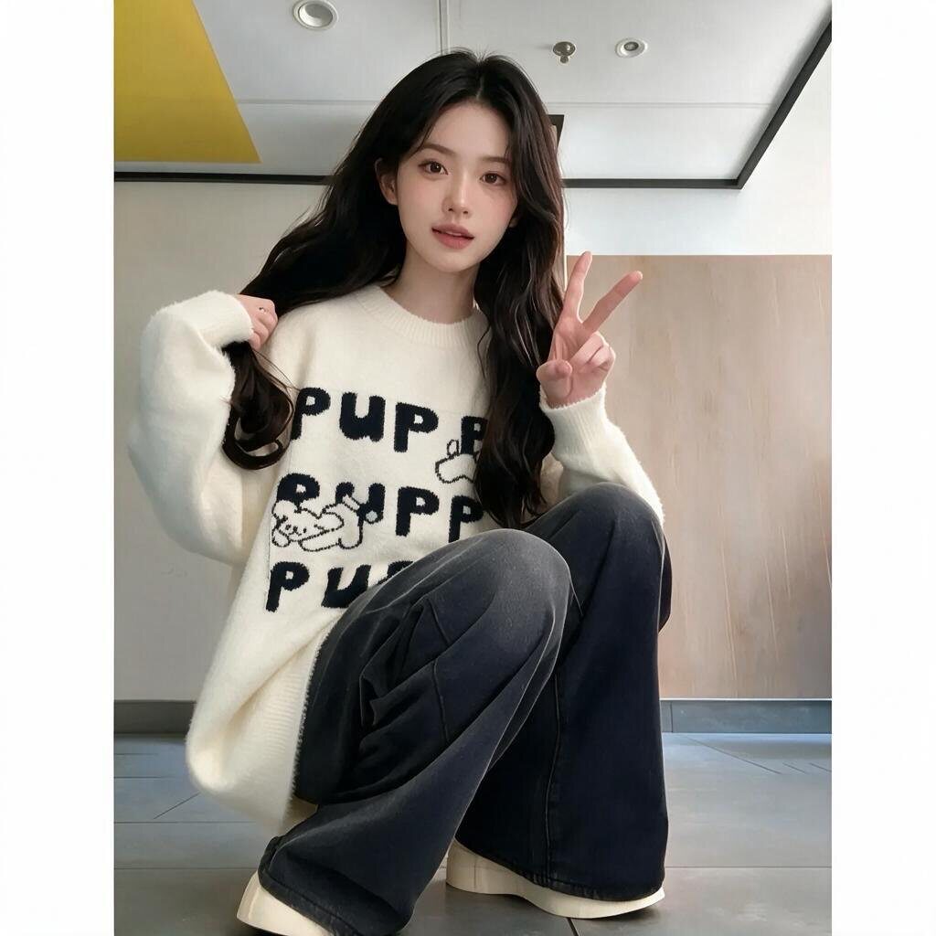 韩系毛衣女秋冬慵懒风网红爆款初中生高中生少女大童中长款针织衫