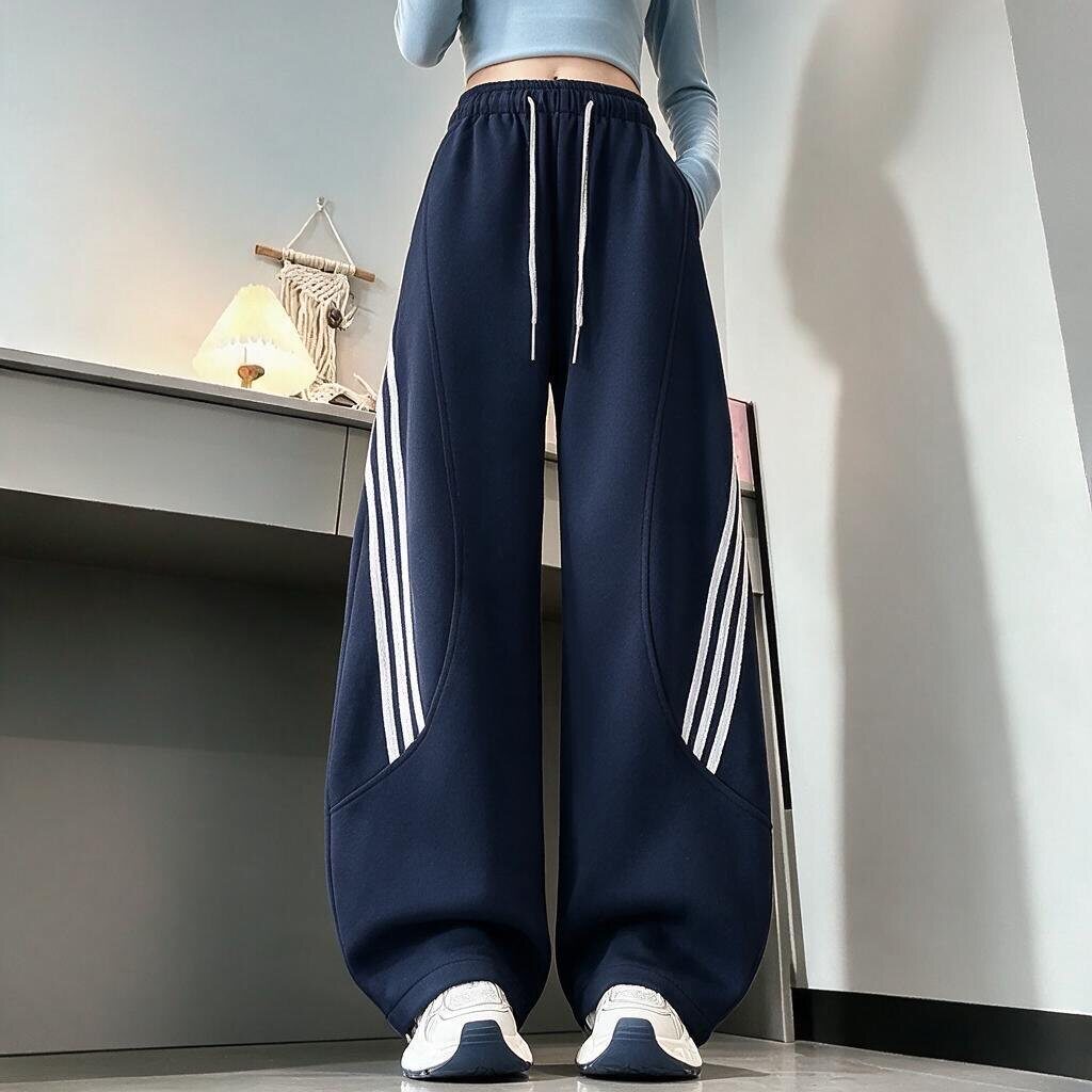 卫裤女春秋条纹美式休闲初中高中学生少女运动松紧腰学院风弯刀裤
