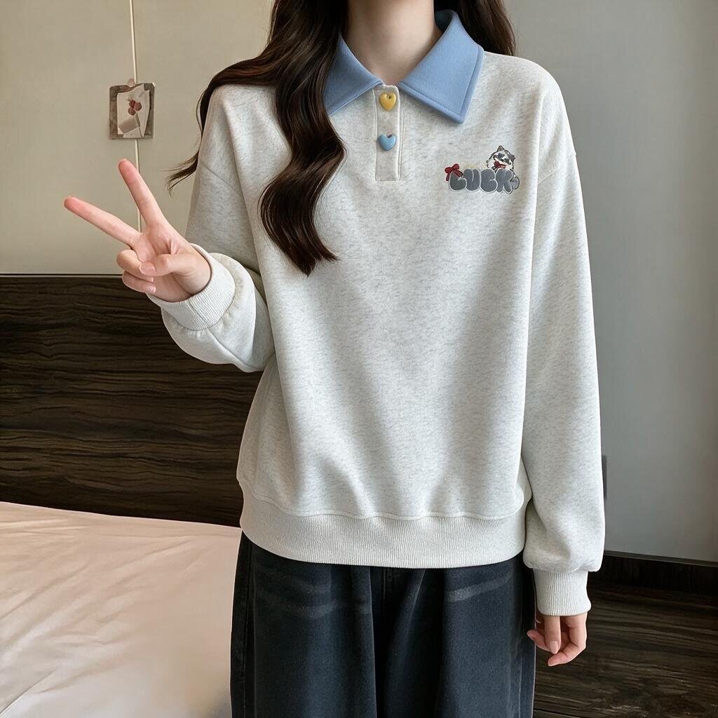 polo领卫衣女春秋宽松初中时洋气女大童少女刺绣学院百搭长袖上衣