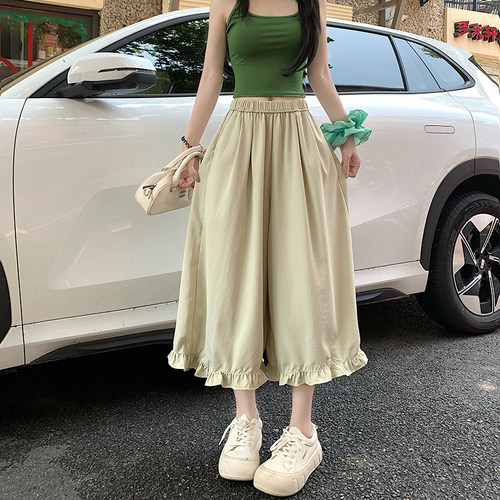 胖女大童夏季休闲裤子宽松直筒12少女15初中生松紧腰阔腿七分裙裤