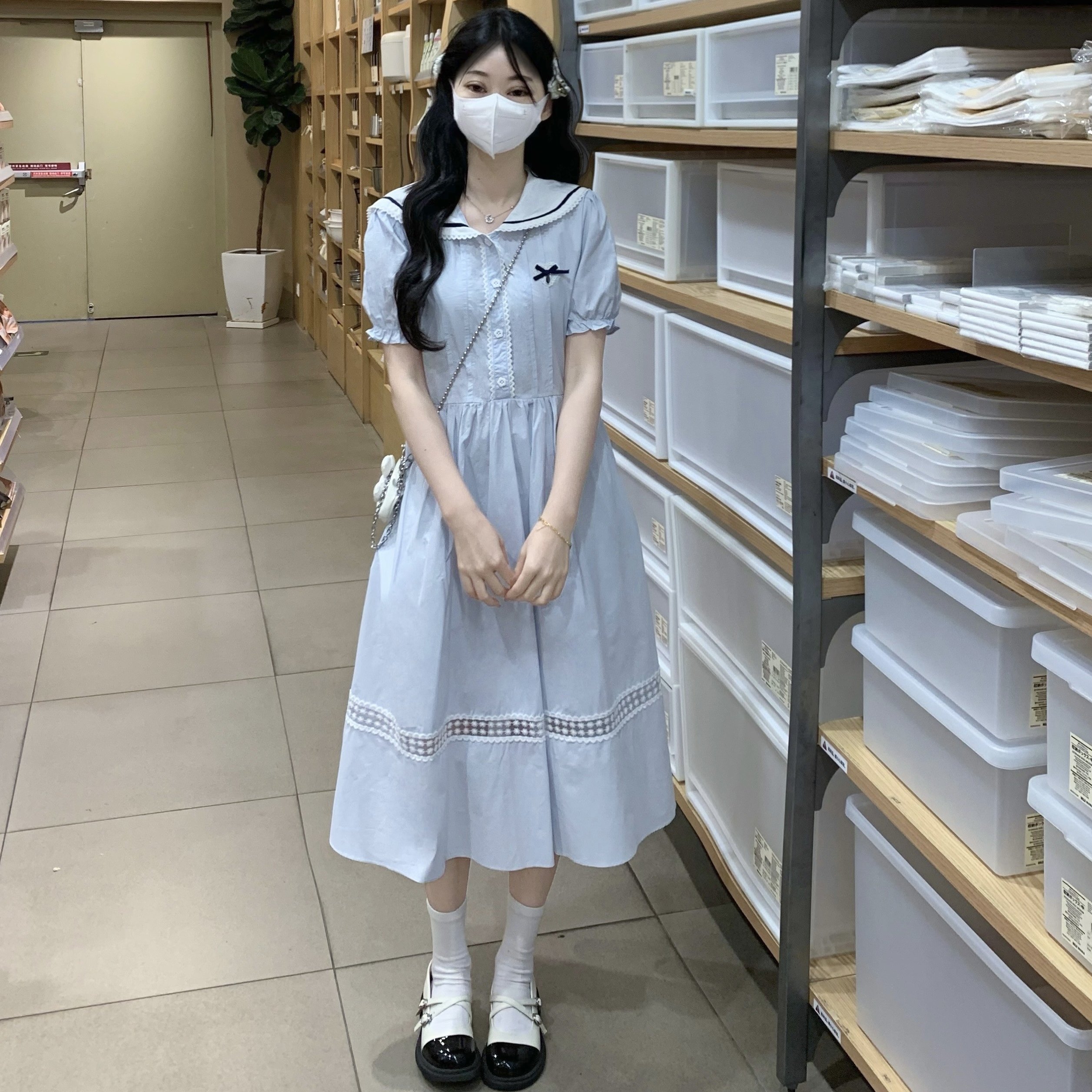女大童连衣裙夏季初中生12岁胖女孩13学生14学院娃娃领纯色连衣裙