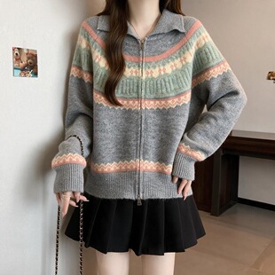 开衫毛衣女秋冬加厚2026新款初中高中学生少女大童条纹针织衫上衣