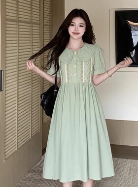 绿色连衣裙夏季纯棉透气女大童森系初中生小清新刺绣碎花少女裙子