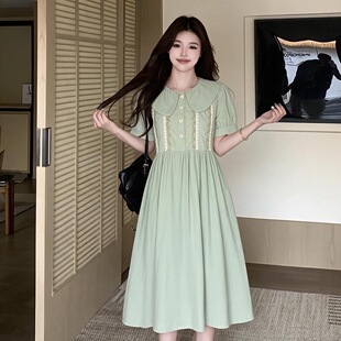 绿色连衣裙夏季纯棉透气女大童森系初中生小清新刺绣碎花少女裙子
