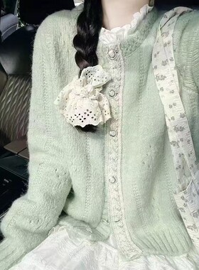 绿色开衫外套女春秋韩版外穿百搭初中生少女中大童洋气小清醒毛衣