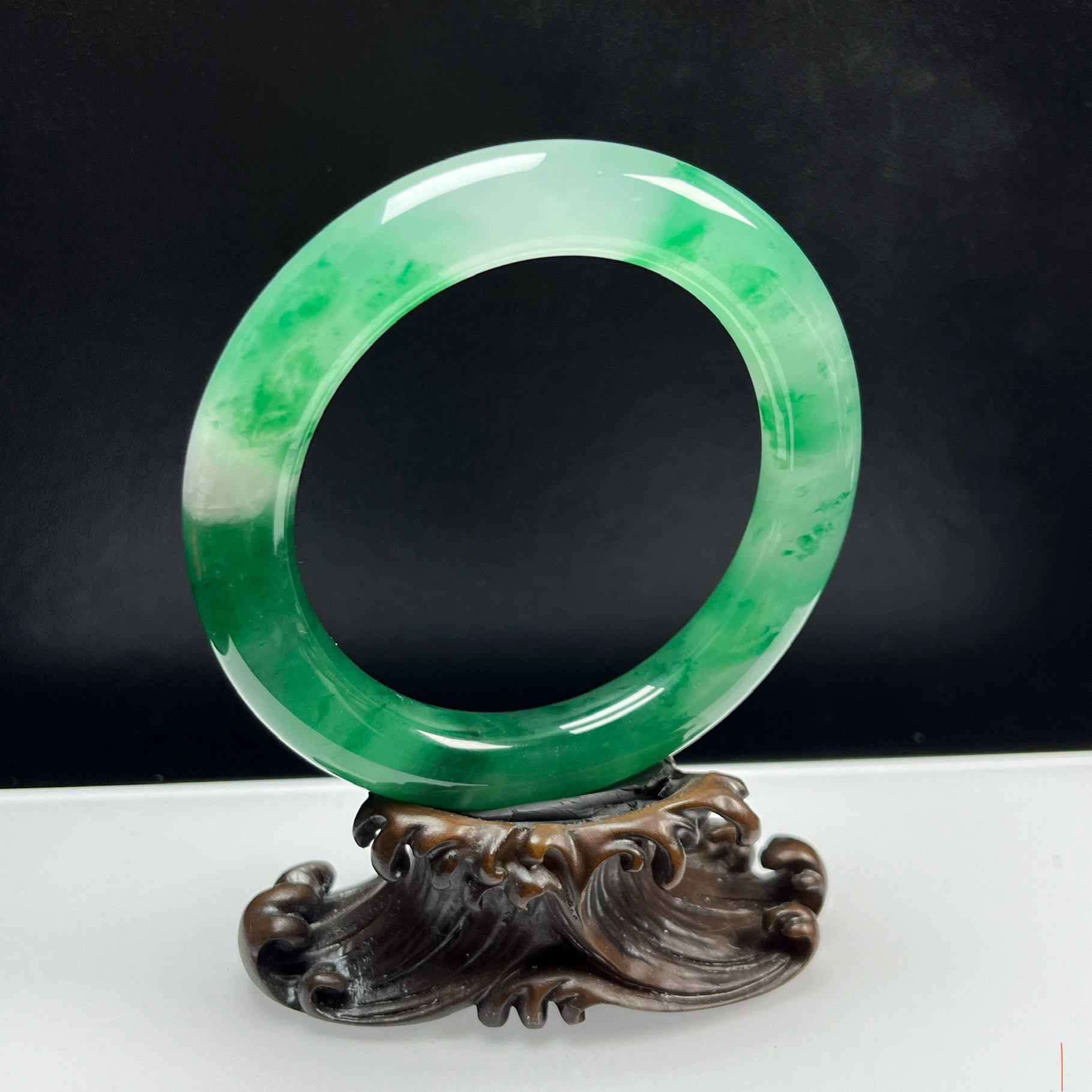 天然玉石精品珠宝高冰飘翠绿色非洲翠玉圆条福镯61圈口玉镯证书