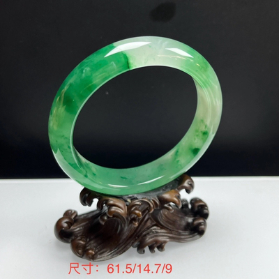 纯天然玉石精品珠宝高冰飘翠绿色非洲翠玉手镯61圈口玉镯送礼证书