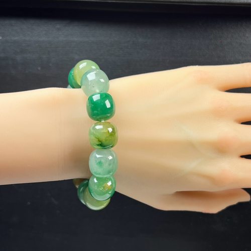 天然玉石精品珠宝冰飘翠绿色非洲翠玉老型珠15mm手串多宝手链送礼