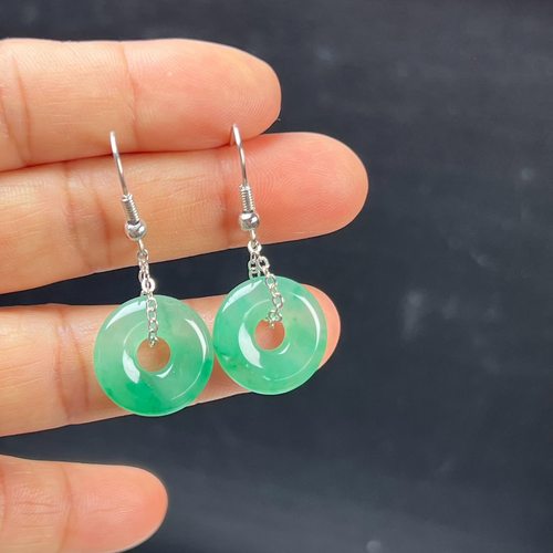 纯天然真玉耳环高冰飘翠绿色非洲翠玉玉石平安扣耳坠耳环独龙玉