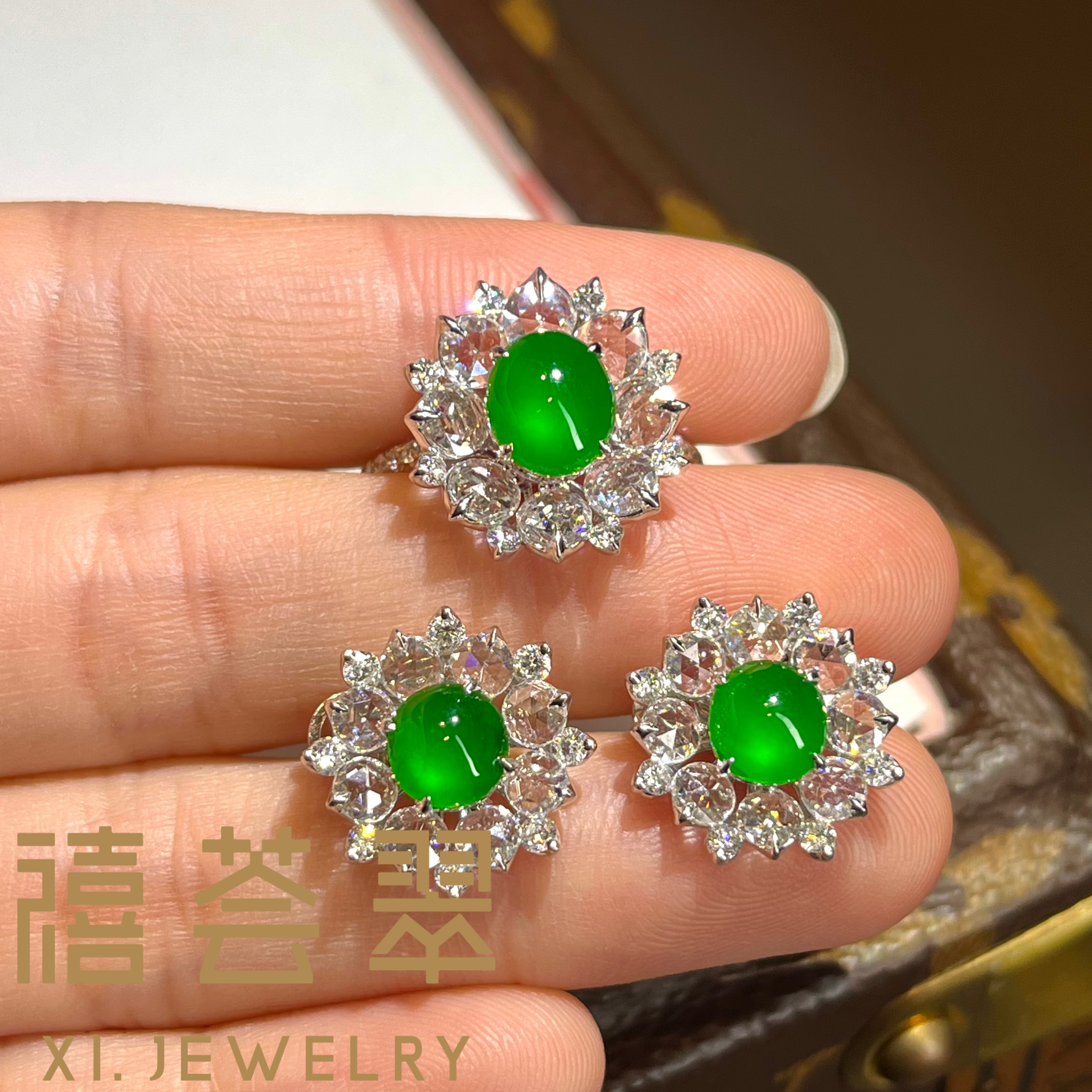 【禧荟翠】蛋面玻璃种套装钻石镶嵌天然缅甸A货翡翠,珠宝/钻石/翡翠,耳饰,淘宝优惠券,粉丝福利购,淘宝优惠卷