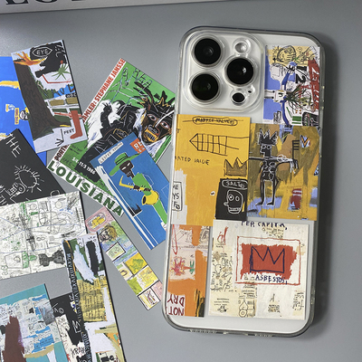 巴斯奎特Basquiat抽象油画小卡片手机壳可放夹透明手机后面装饰适用于苹果15promax保护壳14个性13创意华为