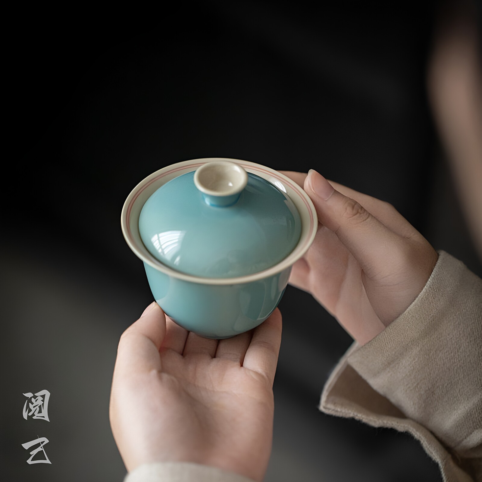 阅己器物 海盐蓝手绘双线盖碗 清新天青色陶瓷功夫茶具家用泡茶碗