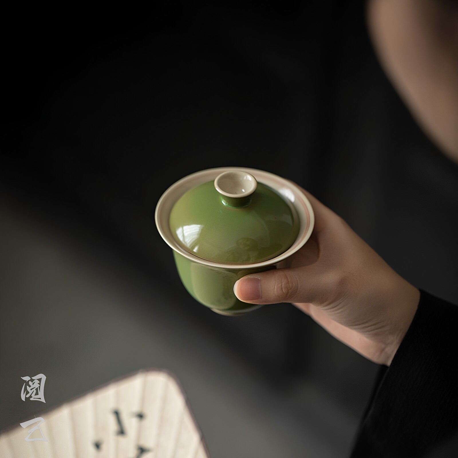 阅己器物 竹青色陶瓷盖碗 仿古泥手绘双线泡茶盖碗 茶室主泡器
