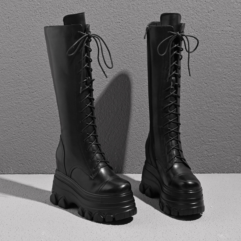 黑色不过膝长筒靴女秋冬款内增高12cm靴子全牛皮松糕厚底高筒棉靴,女鞋,时装靴,淘宝优惠券,粉丝福利购,淘宝优惠卷