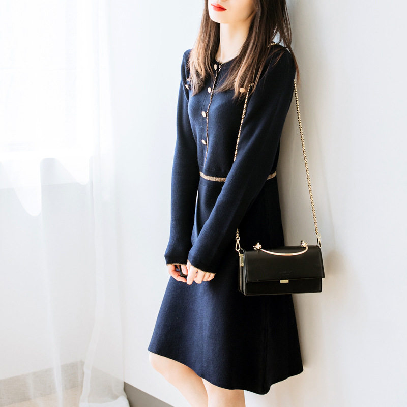 日系新款女装优雅名媛a字显瘦针织连衣裙2021秋冬季新款毛线裙子