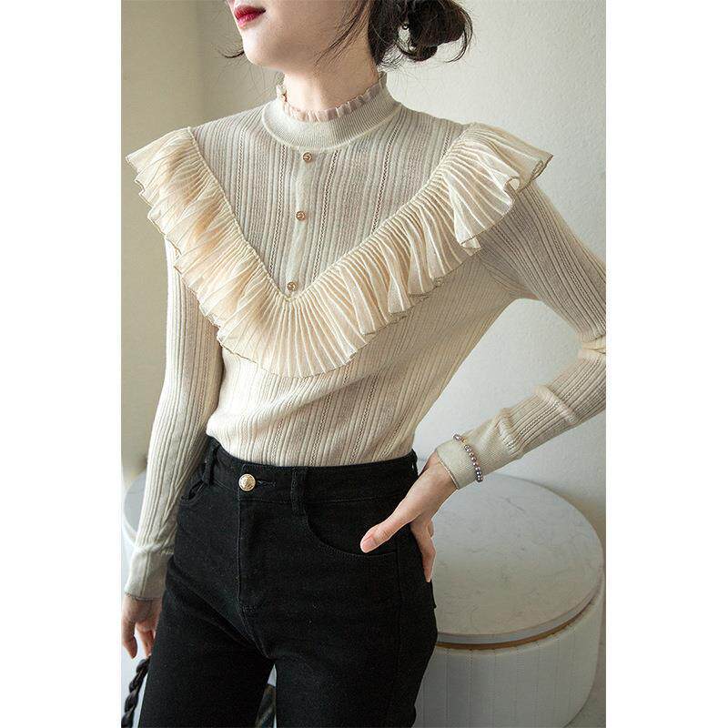 欧洲站2022秋冬新款女装荷叶边毛衣木耳边圆领针织衫